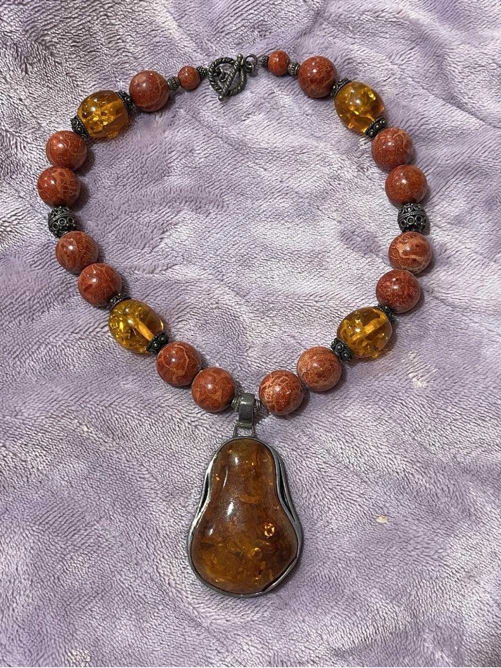 Vintage Sterling Heavy Baltic Amber and Sponge Coral Statement Pendant Necklace.